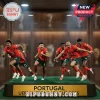Portugal national football team players in red jerseys and green shorts standing on a golden display base with trophy case.!