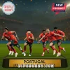 Portugal national soccer team figurine on a pedestal marked Portugal UEFA Nations League 2025 against stadium background.!