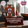UEFA Nations League trophy replica with Portuguese Football Federation crest on a wooden base with white text.!