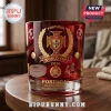 Red glass whiskey tumbler featuring gold Portugal FPF crest, World Cup 2026 text, soccer balls, and stadium graphic.!