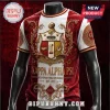 Kappa Alpha Psi men's t-shirt in crimson and white with gold crest, Greek lettering, and fraternity emblem on sleeves.!