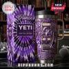 Prince themed stainless steel tumbler with Purple Rain graphics, guitar motifs, and matching tie-dye box on a table.!