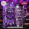 Prince-themed purple tie-dye insulated stainless steel tumbler with guitar motif and Purple Rain text on marble surface.!