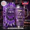 Prince themed stainless steel tumbler with purple tie-dye pattern, guitar graphics, and Purple Rain text on marble desk.!