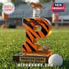 Princeton Tigers P-shaped glass whiskey decanter with tiger topper and championship ring on a wooden base with text.!