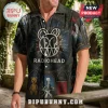 Radiohead button-down shirt with stained glass aesthetic featuring the bear logo and album art on a black polyester fabric.!