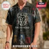 Radiohead button-up shirt featuring stained glass mosaic patterns and band iconography on a black short-sleeve fabric.!