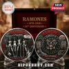 Ramones 50th anniversary commemorative coins featuring band members, CBGB logo, and eagle emblem in silver finish on stands.!