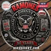 Round Ramones 50th anniversary metal coin with eagle emblem, band member names, guitars, CBGB logo, and sneaker graphic.!