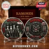 Ramones 50th anniversary commemorative silver coins showing band members, CBGB logo, and eagle emblem on acrylic stands.!