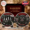 Ramones 50th anniversary commemorative silver-tone coins showing band members, CBGB logo, and text in a wooden display box.!