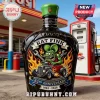 Rat Fink 63rd Anniversary black glass bottle with a green cap, hot rod graphic, and fire flames against a gas station.!