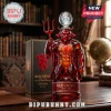 Red devil glass decanter with trident, soccer ball stopper, and 148th anniversary branding next to a matching box.!