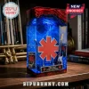 Red Hot Chili Peppers resin lamp with red asterisk logo, miniature bass guitar, and blue LED light effects on wood desk.!