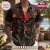 Red Hot Chili Peppers button-down shirt with stained glass band member art, logo, and chili pepper motifs on dark fabric.!