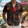 Red Hot Chili Peppers button-down shirt with stained glass band member art, red asterisk logo, and chili pepper motifs.!
