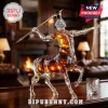 Centaur-shaped glass whiskey decanter holding a spear, featuring amber liquid, on a dark wooden table in a study room.!