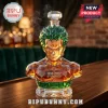 Roronoa Zoro One Piece faceted crystal whiskey decanter with green hair, 1997-2027 30th anniversary text on wooden bar top.!