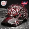 Maroon leather baseball cap featuring silver Rush band logo, 1968-2027 plaque, 2112 text, and starman emblem.!