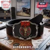 Rush band belt buckle featuring the Starman logo, 2112 text, and metallic silver border on a black leather belt strap.!