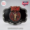 Rush 2112 belt buckle featuring a red star, a gold man figure, and black enamel in a polished silver scalloped frame.!