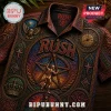 Rush band button-down shirt with embossed 2112 starman graphic, clock, crown, and owl motifs on brown leather-look fabric.!