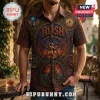 Man wearing a button-down shirt featuring 2112 Rush album cover art with pentagram, clock, owl, and castle motifs in copper.!