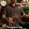 Man wearing a brown short-sleeve button-down shirt featuring a Rush 2112 album artwork print and geometric stain glass patterns.!