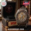 Rush Clockwork Angels themed wristwatch with gold gear dial, red accents, and matching black leather display case.!