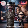Rush band engraved 40oz stainless steel tumbler with a detachable plush keychain of a bass player on a wooden stage.!