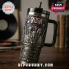 Rush band stainless steel travel tumbler with 3D embossed portraits, musical instruments, and 58th anniversary text.!