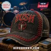 Black distressed denim baseball cap with red embroidered Rush band logo, star emblem, and Spirit of Radio text.!