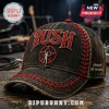 Black distressed denim baseball cap with red embroidered Rush band logo, Starman emblem, and Spirit of Radio text.!