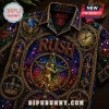 Rush band button-down shirt featuring a stained glass mosaic print with a gold Starman figure, clock, and owl design.!