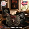 Rush band belt buckle featuring a starman emblem, musical instruments, and 1968 text on a black leather belt strap.!
