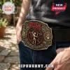 Rush band brass belt buckle with a 2112 starman icon, guitar, drum set, and 1968 text on a black leather belt.!