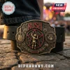 Rush band brass belt buckle with 2112 starman logo, guitar, drums, and 1968 text on a black leather belt.!