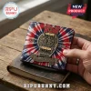 Rush band bi-fold wallet with red, white, and blue tie-dye pattern, metallic gear emblem, and The Spirit of Radio text.!
