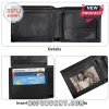 Black bifold wallet with pebble grain texture featuring multiple card slots, an ID window, and a snap-button coin pocket.!