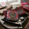 Rush band bi-fold leather wallet featuring tie-dye pattern, 2112 logo, and Spirit of Radio metal emblem on wooden tray.!