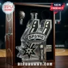 San Antonio Spurs glass whiskey bottle in wooden display case featuring team logo and championship commemorative plaque.!