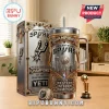 San Antonio Spurs championship tumbler with matching gift box, trophy miniature, and replica ring on a wooden table.!