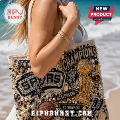 San Antonio Spurs Embellished Rhinestone Championship Beaded Canvas Tote Bag
