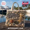 Canvas tote bag decorated with San Antonio Spurs patches, gold trophy, basketball, seashells, and championship dates.!