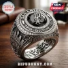 San Antonio Spurs championship-style ring with black center stone, silver-tone metal, skyline relief, and text EST 1973.!