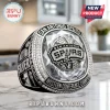 San Antonio Spurs championship ring replica featuring black and silver metal, crystals, and team branding on marble base.!