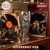 Scorpions band embossed glass beer pint with 1965-2026 61 years of rock legends text on a wooden shelf with vinyl records.!