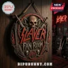 Round Slayer fan room wooden wall sign featuring a skull, swords, electric guitars, and the Slayer logo on a wood background.!