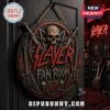 Round Slayer fan room wooden wall sign featuring a central skull, pentagram, crossed swords, and electric guitars.!