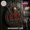 Round wooden Slayer fan room sign featuring a skull, pentagram, crossed swords, and electric guitars hanging on a door.!